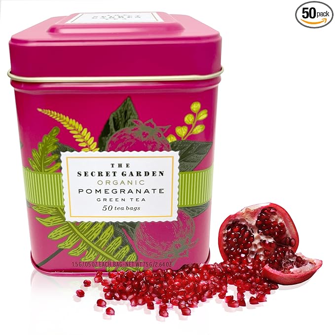 Organic Pomegranate Ceylon Green Tea - 50 Packets - Natural Antioxidant Rich Herbal Leaf Teabags - USDA Certified 100% Non-GMO - Caffeinated Designer Gift Tin