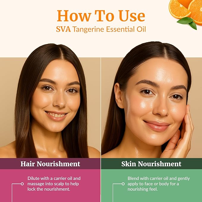 SVA Tangerine Essential Oil – 4 Fl Oz – 100% Natural Tangerine Oil - for Diffuser, Hair Care, Face, Skin Care, Aromatherapy, Scalp and Body Massage, Soap and Candle Making – with Dropper