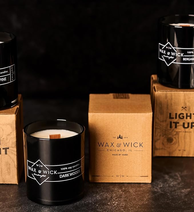 Wax and Wick 12oz Scented Candle for Men, 100% Soy Wax, Double Wood Wick, Black Jar, Blue Pine Scent, Long Lasting, Masculine Scents, Perfect for Home, Mancave, Bachelor Pad, Men's Gift - Made in USA