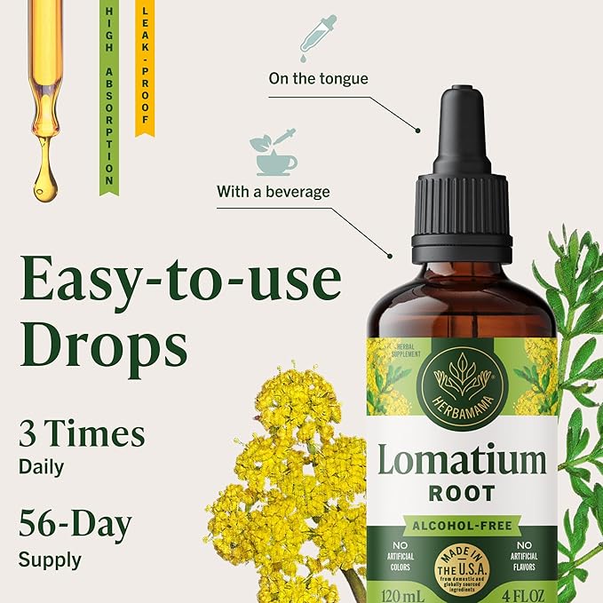 HERBAMAMA Lomatium Root Tincture - Vegan Lomatium Dissectum Extract for Lung Cleanse & Detox - Non-GMO, Alcohol & Sugar-Free Respiratory Lung Support Supplement, 56-Day Supply