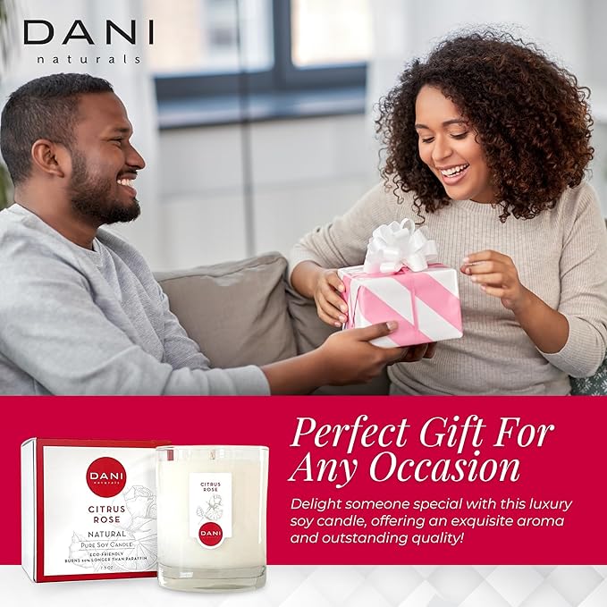 DANI Naturals Soy Candle - Citrus Rose Scented, 100% Pure Soy Wax, Non-Toxic, Long-Lasting, Natural Aromatherapy - 7.5 oz