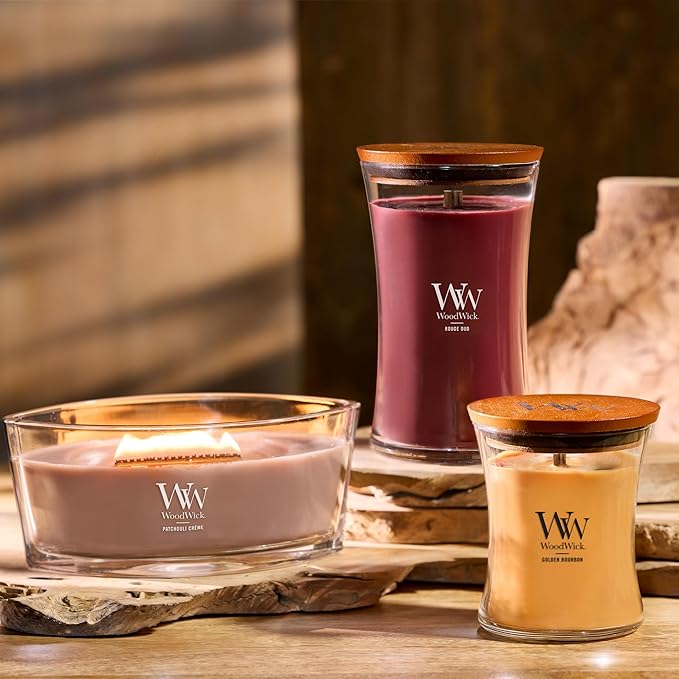WoodWick Patchouli Crème Gifts for Women and Men, 16 oz Ellipse Candle with Crackling Wick