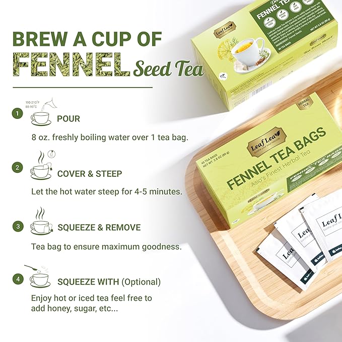 LeafLea 80 Premium Fennel Tea Bags, Pure Dried Fennel Seed Tea, Daily Ease & Balance, Naturally Sweet Taste, Caffeine-Free, Sugar-Free, Non-GMO, Vegan, Individually Wrapped