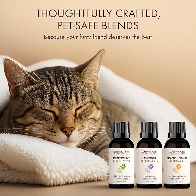 Majestic Pure, Lavender, Peppermint and Frankincense Pet Essential Oil Set | Pet Friendly and Provides Peaceful Atmosphere Used for Diffuser, Room Spray and Topical | Set of 3