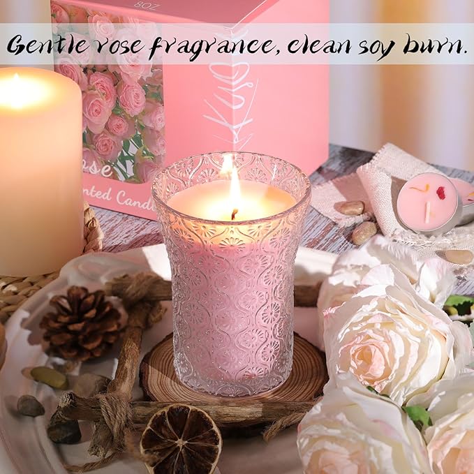 Rose Scented Candle, Soy Jar Candles Gift for Women,8 OZ Aromatherapy Pink Candles for Galentines Valentines Mother's Day, Home Decor