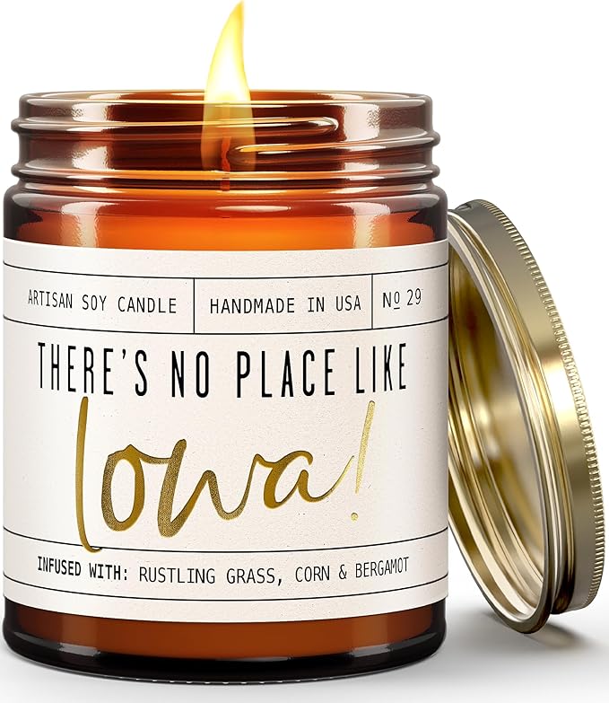 Iowa Gifts, Iowa Decor for Home - 'There's No Place Like Iowa Candle, w/Rustling Grass, Eucalyptus, Corn & Bergamot I Iowa Souvenirs I Iowa State Gifts I 9oz Jar, 50Hr Burn, USA Made