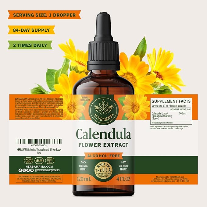 HERBAMAMA Calendula Tincture - Vegan Antioxidant & Detox Support with Calendula Herb Extract Drops - Non-GMO, Alcohol & Sugar-Free Liquid Supplement, 84-Day Supply