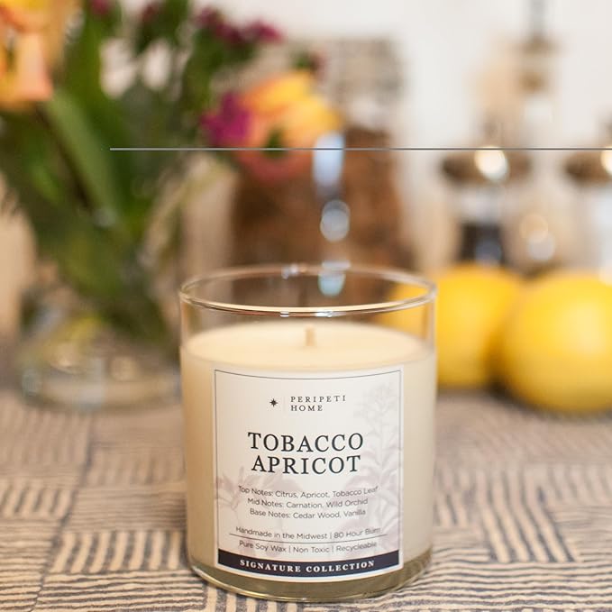 PERIPETI Home Tobacco + Apricot Scented Candle - Classic Wick, 8.5oz Natural Soy Wax for Warm & Fruity Aromatherapy - Long-Lasting Bold Fragrance for Home or Office