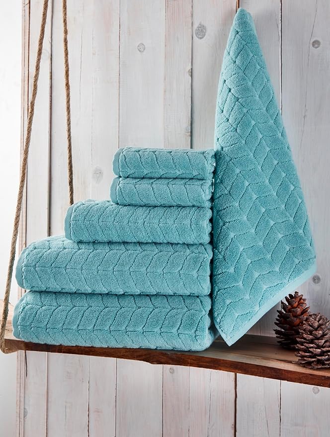BAGNO MILANO Turkish Bath Towels, Soft Plush Jacquard Luxury Bath Towels, Quick Dry Towel Set (Aqua Green, 6 pcs Towel Set)