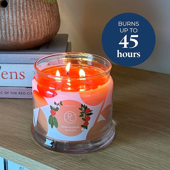 PartyLite Wild Rhubarb & Citrus Scented, Notes of Jasmine, Rhubarb and Creamy Sandalwood and White Musk, 13.2oz 3-Wick Jar Candle, 45 Hour Burn Time, Luxurious Fragrance, Ideal for Gifting