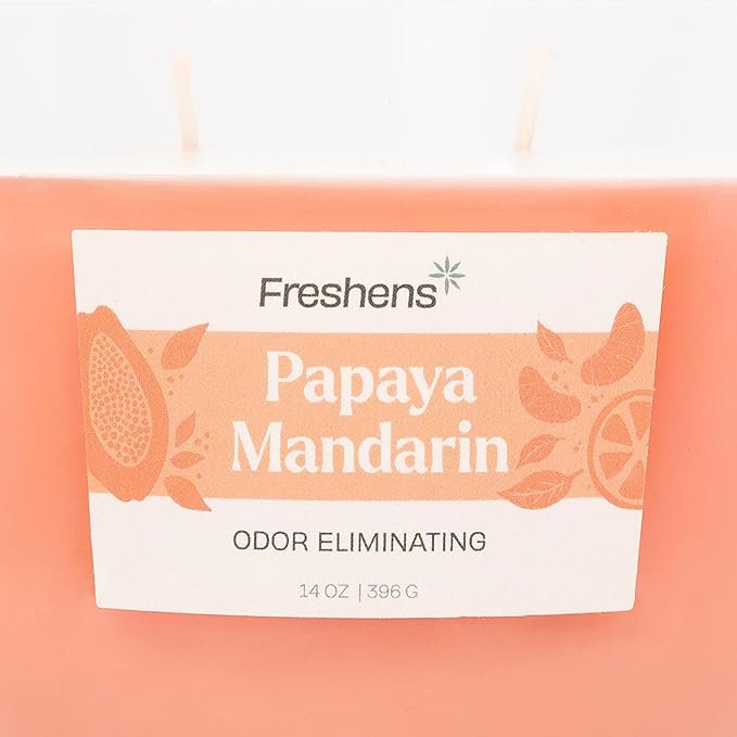 Carolina Freshens Papaya Mandarin Odor Eliminating Highly Fragranced Candle for Home Scented, Eliminates 90% of Pet, Smoke, Food and Other Smells Quickly, 2 Wick, 14 oz - Made in The USA