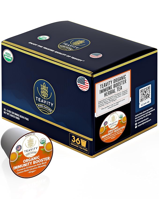 Organic Ginger Tea Pod with Echinacea, Turmeric, and Licorice for Keurig, Decaf by Teavity (36 Tea Pods)
