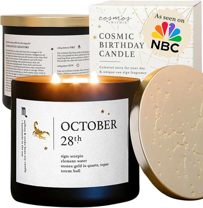 October 28th Personalized Zodiac Candle | Inspirational Astrology Reading and Daily Affirmation for Your Birthdate | Handmade Scorpio Candles | Astrology Birthday Gifts for Women