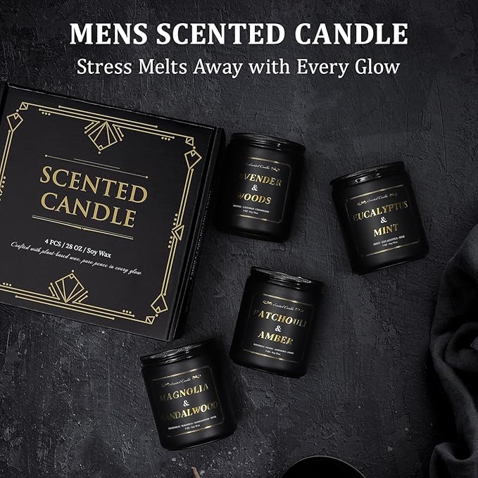 Scented Candles for Men, 4 Pack Mens Candle Christmas Gift, 28oz Soy Wax Candles - Lavender/Patchouli/Sandalwood/Eucalyptus, Candles Gift for Dad, Husband, Boyfriend, Christmas, Helloween, New Year