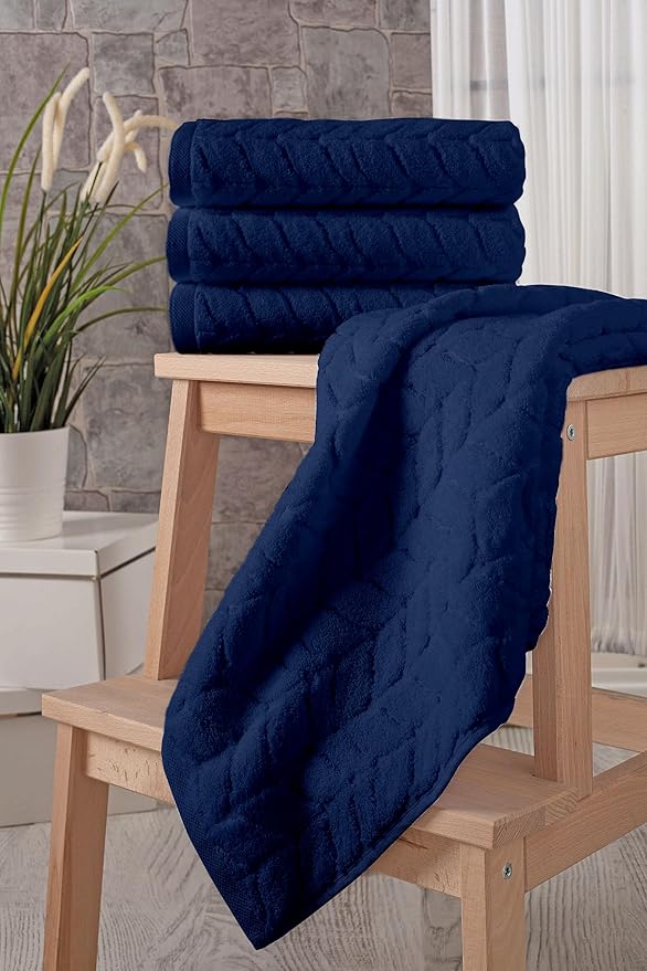 BAGNO MILANO Turkish Bath Towels, Soft Plush Jacquard Luxury Bath Towels, Quick Dry Towel Set (Navy, 4 Pcs Hand Towel Set)