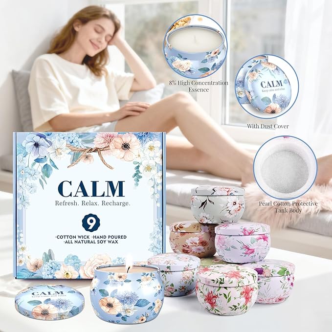BlissfulOasis Scented Candles Set, 22.5 oz 9 Pack Candles for Home Scented, 135-180 Hours Candle Set for Men and Women, Ideal for Birthday Gift, Valentine's Day, Mother's Day, Relief Aromatherapy