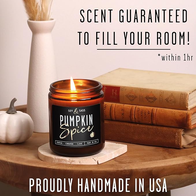Pumpkin Spice Candle, Fall Candles - 'Pumpkin Spice' Pumpkin Candle I Infused w/Essential Oils I Autumn Scented Soy Candles for Home I Fall Home Décor I 9oz Reusable Jar, 50Hr Burn, Made in USA