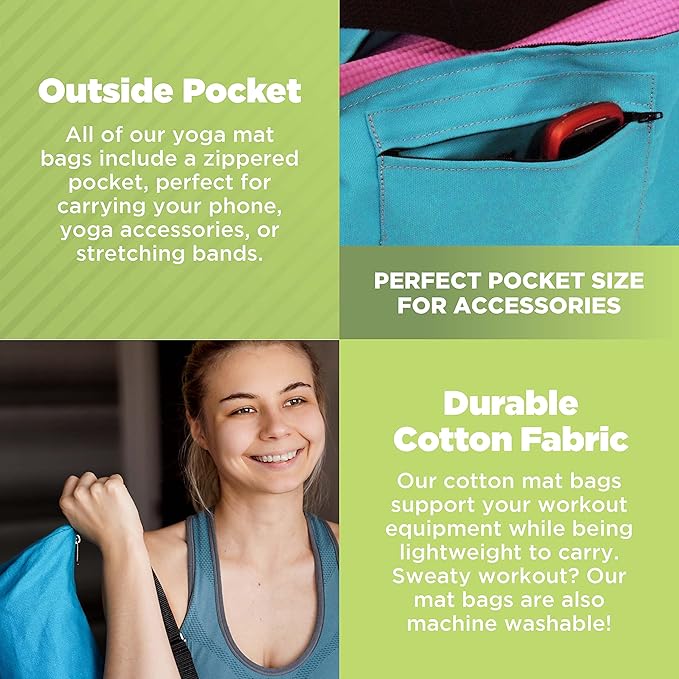 Premium Cotton Yoga Mat Bag with Shoulder Strap - Durable, Breathable and Lightweight Gym Bag to Carry the Standard or Extra Large Mat Sizes - Ideal for Yoga, Pilates & Fitness Equipment