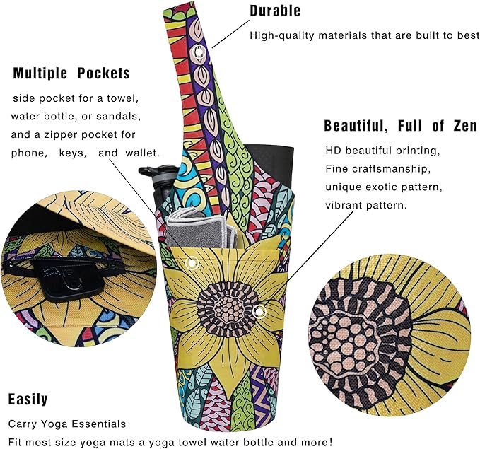 Fashion Printed Yoga Mat Bag with Large Side Pocket & Zipper Pocket Long Tote Yoga Bag Fit Most Size Mats - Holds More Yoga Accessories