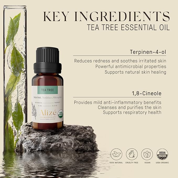 Organic Tea Tree Essential Oil, USDA Certified Organic 100% Natural & Pure Essential Oils for Diffusers for Home, Aromatherapy Oils, Diffuser Oils Scents, Cleansing, 10ml-0.33 fl oz