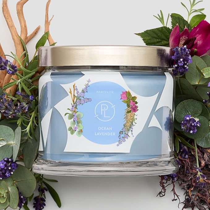 PartyLite Ocean Lavender Scented, Notes of Vanilla Sea Salt, Driftwood, Sea Moss, Patchouli & Eucalyptus, 13.2oz 3-Wick Jar Candle, 45 Hour Burn Time, Luxurious Fragrance, Ideal for Gifting