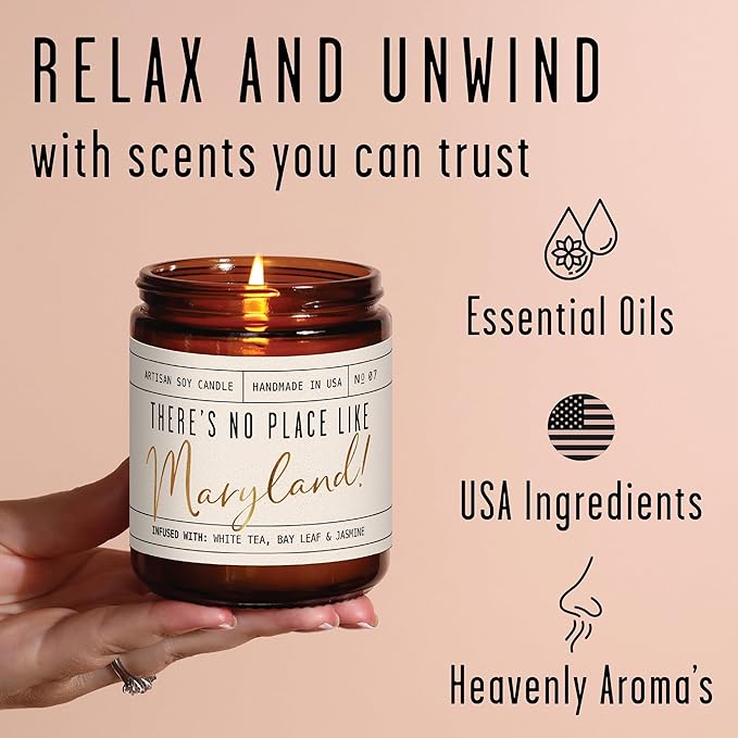 Maryland Gifts, Maryland Decor for Home - 'There's No Place Like Maryland Candle, w/White Tea, Bay Leaf & Jasmine I Maryland Souvenirs I Maryland State Gifts I 9oz Jar, 50Hr Burn, USA Made