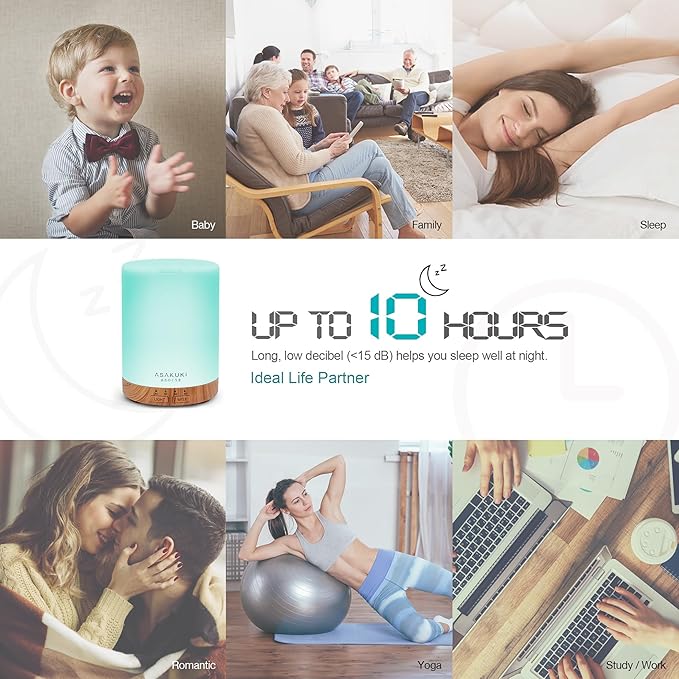 ASAKUKI 300ML Essential Oil Diffuser, Quiet 5-in-1 Premium Humidifier, Home Fragrance Aroma Diffuser with 7 LED Color Changing Light and Auto-Off Switch -Light Brown