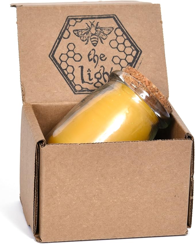 BeeTheLight Beeswax Jar Candle - 100% Pure USA Bees Wax in Glass Container with Cork Lid - Unscented - All Natural Light Honey Scent (7 oz w/Cork Lid, Unscented)