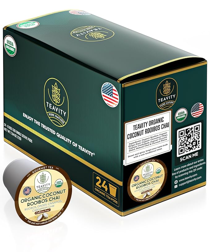 Coconut Rooibos Chai Tea Pods for Keurig - Organic Ginger Tea, Rooibos, Cinnamon, Cardamom, Coconut & Chai by Teavity (24 Tea Pods)