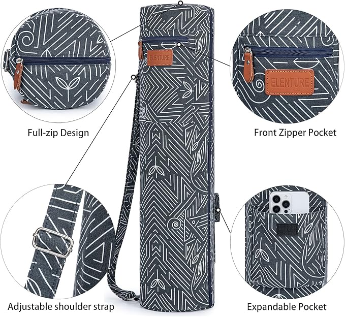 ELENTURE Canvas Yoga Mat Bag with Adjustable Strap & Pockets, Full-Zip Travel Gym Tote for Women & Men, Fits 1/4" & 1/3" Thick Mats, Lightweight Carrier for Yoga, Workout, Outdoor Use
