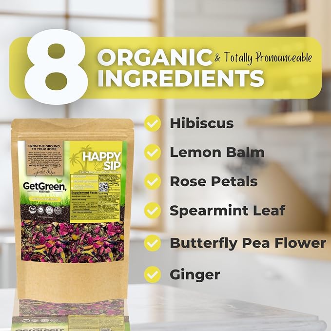 Summer Brew, Natural Energy Boost Loose Leaf Tea w/ Hibiscus, Lemon Balm, Rose Petals | Organic Herbal Tea | 2 oz (57 gram) | Decaf, Vegan, Healthy, ZERO Caffeine, Organic, Herbs, Resealable | Happy Sip by Get Green, Human