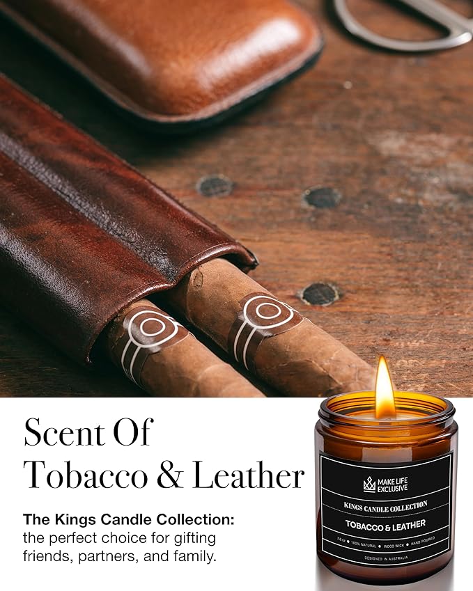 Scented Candles for Men | Tobacco & Leather Scented | Wooden Wick, Long Lasting, Masculine Scents | Natural Soy Jar Candle for Home, Bacehlor Pad Decor | The Perfect Mens Gift
