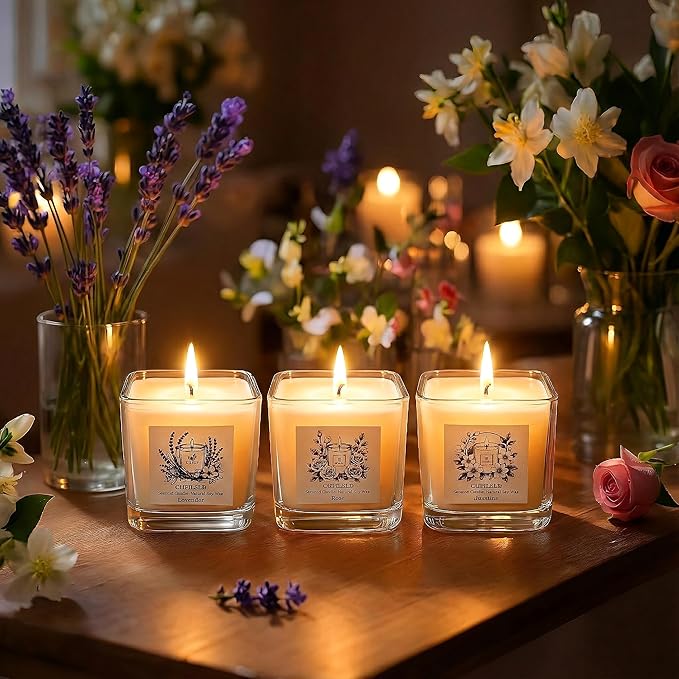 Scented Candles for Home 3 Pack - Aesthetic Clear Square Glass Soy Wax Candle (French Lavender, Rose, Jasmine) - Strong Fragrance Odor Eliminator for Bathroom, Bedroom Decor, Yoga