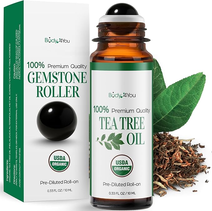 BodyJ4You Tea Tree Essential Oil Roller - Pure 100% USDA Organic MCT Coconut Oil - Natural Black Obsidian Stone Roller - Blemish Spots Clarify Cuticle Feet Scalp - Amber Glass Bottle Rollerball (10ml)