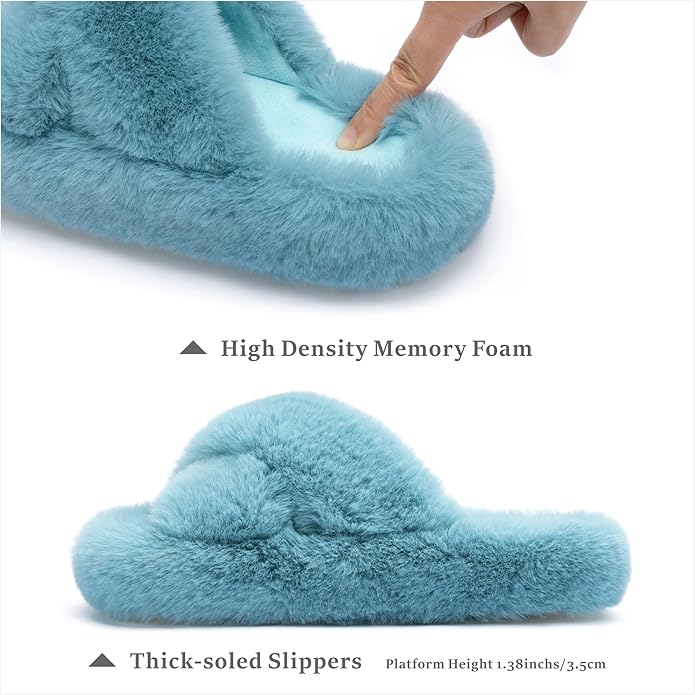 Chantomoo Women's Blue Memory Foam Faux Fur Lined Open Toe Slippers for Women - US 12