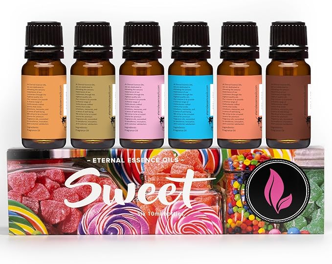 Eternal Essence Oils Sweet Set of 6 Premium Fragrance Oils - Includes Bubble Gum, Orange Creamsicle, Peaches & Cream, Blue Cotton Candy, Oatmeal Cookie Dough, and. Chocolate Scented Oils - 10ML
