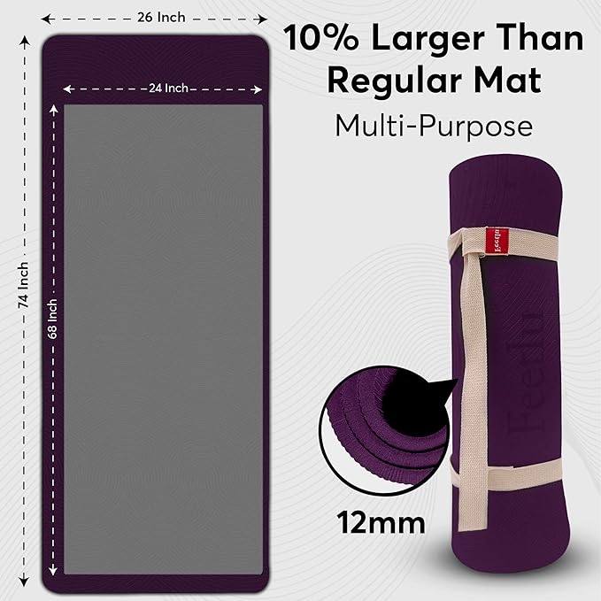 Feetlu Extra Thick 12mm Exercise Mat – Non-Slip, Joint-Friendly & Cushioned Fitness Mat for Yoga, Pilates & Floor Workouts – Durable, Supportive & Includes Feetlu Classic Strap