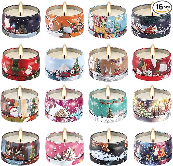 16 Pack Christmas Scented Candles Gift Set 2.5oz Strong Fragrance jar Candles Natural Soy Wax Candles Portable Travel Tin Jar Candles Gifts for Home Scented Decoration Birthday Valentine'sDay