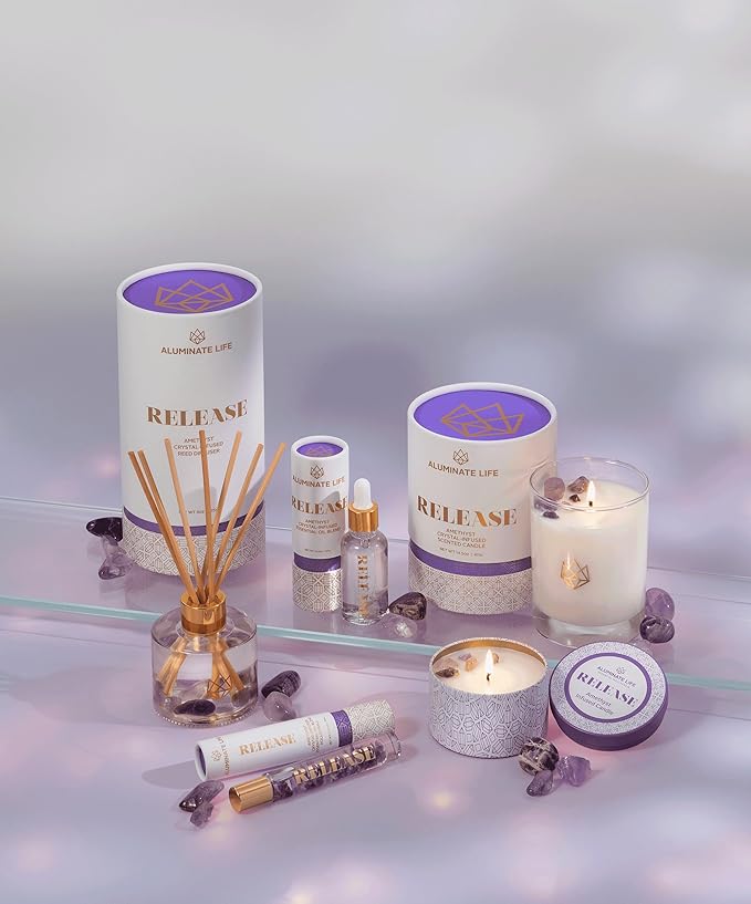 Luxury Candle Tin, 6 OZ, Release - Amethyst Healing Crystal Infused - Scents of Lavender, Bergamot, & Frankincense - Relieve, Support, & Transform - Coconut Wax, Essential Oils
