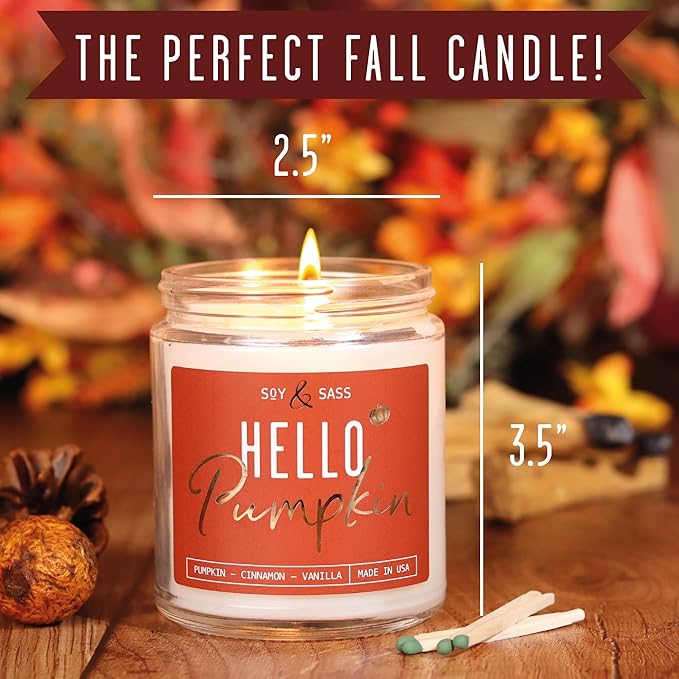 Pumpkin Spice Candle, Fall Candles - 'Hello Pumpkin' Pumpkin Candle I Infused w/Essential Oils I Autumn Scented Soy Candles for Home I Fall Home Décor I 9oz Reusable Jar, 50Hr Burn, Made in USA