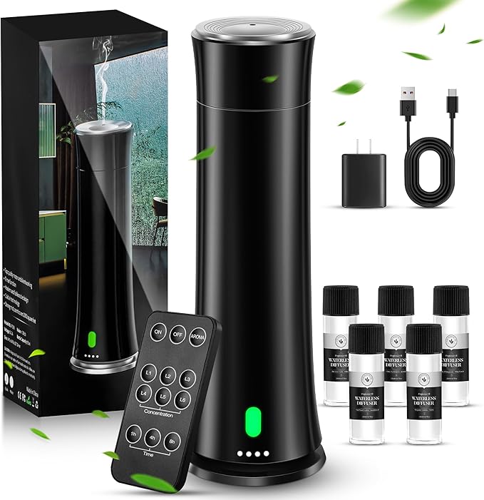 Hotel Scent Diffuser Starter Kit - 1500 Sq Ft Coverage, Hotel Scents Collection, Suitable for Waterless Diffuser Large Room, Contains Five Aromatherapy Essential Oils, Remote Control, Black