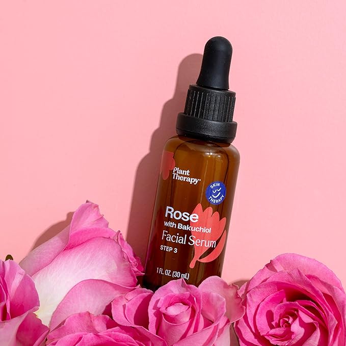 Plant Therapy Rose with Bakuchiol Facial Serum 1 oz with Rose Extract, Rosehip Seed Oil, and Carrot Seed Oil, Reduces the Appearance of Fine Lines & Wrinkles