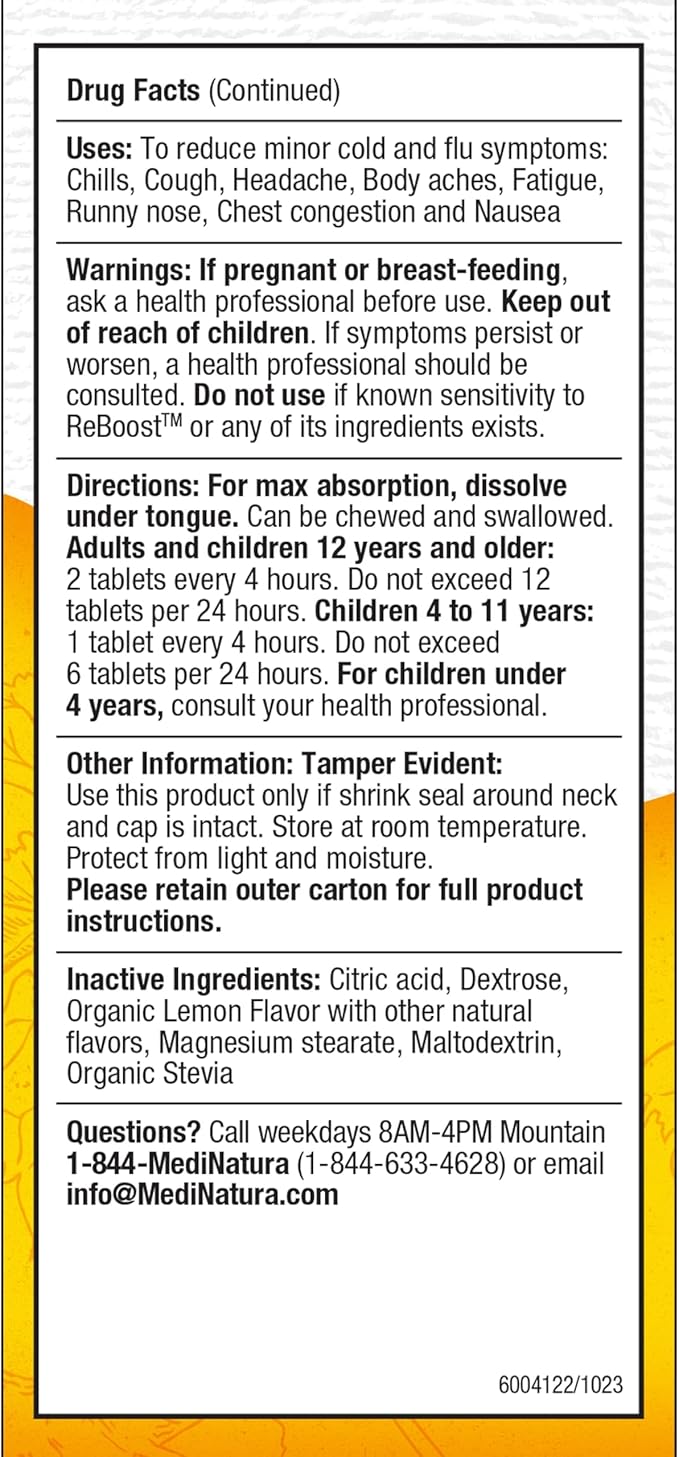 MediNatura ReBoost Cold & Flu Tablets Zinc +10 – Multi-Symptom Relief for Body Aches, Headache, Cough, Runny Nose, Mucus, Chest & Sinus Congestion – Non-Drowsy – Lemon Flavor – 60 Count