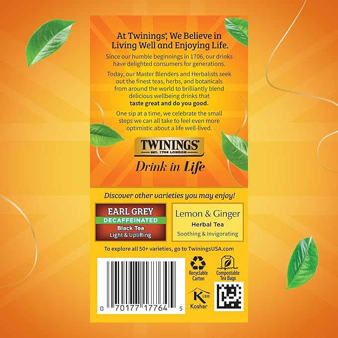 Twinings Decaffeinated Lady Grey Black Tea Individually Wrapped Bags, 20 Count (Pack of 1), Orange Peel & Lemon Peel, Enjoy Hot or Iced, 20 Teabags