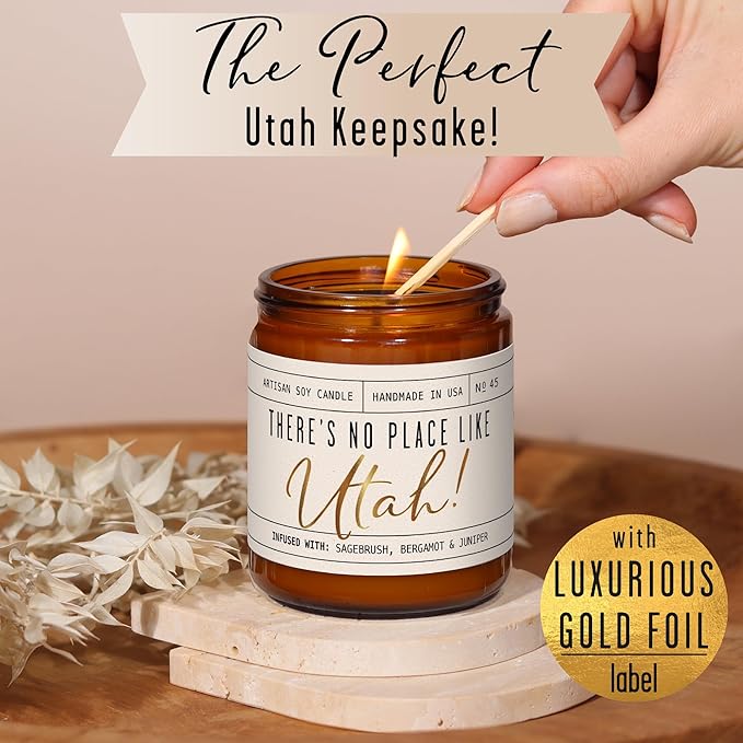 Utah Gifts, Utah Decor for Home - 'There's No Place Like Utah Candle, w/Sagebrush, Bergamot & Juniper I Utah Souvenirs I Utah State Gifts I 9oz Jar, 50Hr Burn, USA Made