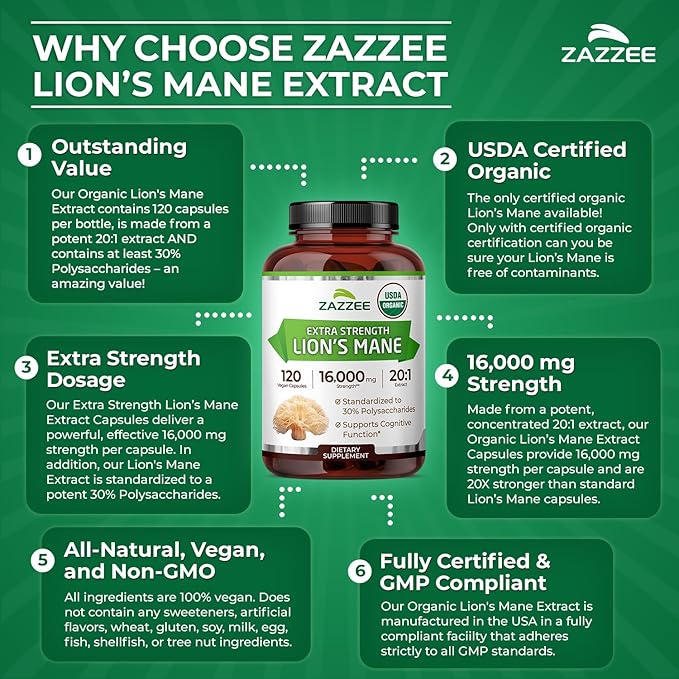 Zazzee USDA Organic Lion's Mane 20:1 Extract, 30% Polysaccharides, 16,000 mg Strength, 120 Vegan Capsules, Nootropic for Brain Health, Focus, Memory, Concentration and Immune Support, Made in The USA