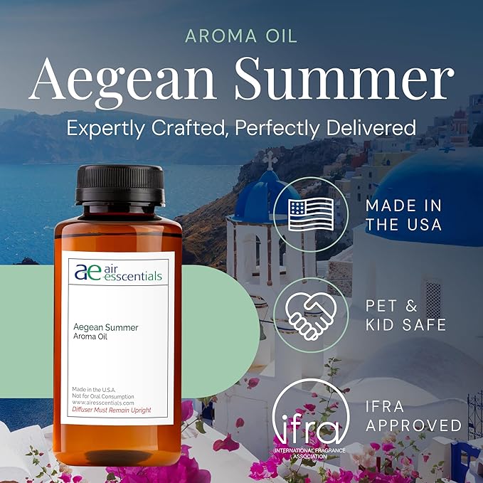 Aegean Summer Aroma Oil, Essential Oils Blend for Diffusers & Scent Machines, Green Tea & Lemongrass, Aromatherapy, Cold Air Diffuser Compatible, 300 mL