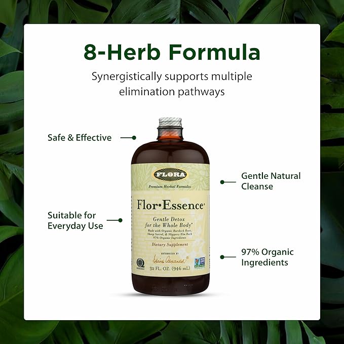 Flora Flor Essence Liquid Tea Blend 32oz LARGE - Gentle Detox Cleanse with Burdock Root, Slippery Elm, Kelp, Thistle - Premium Organic Ingredients
