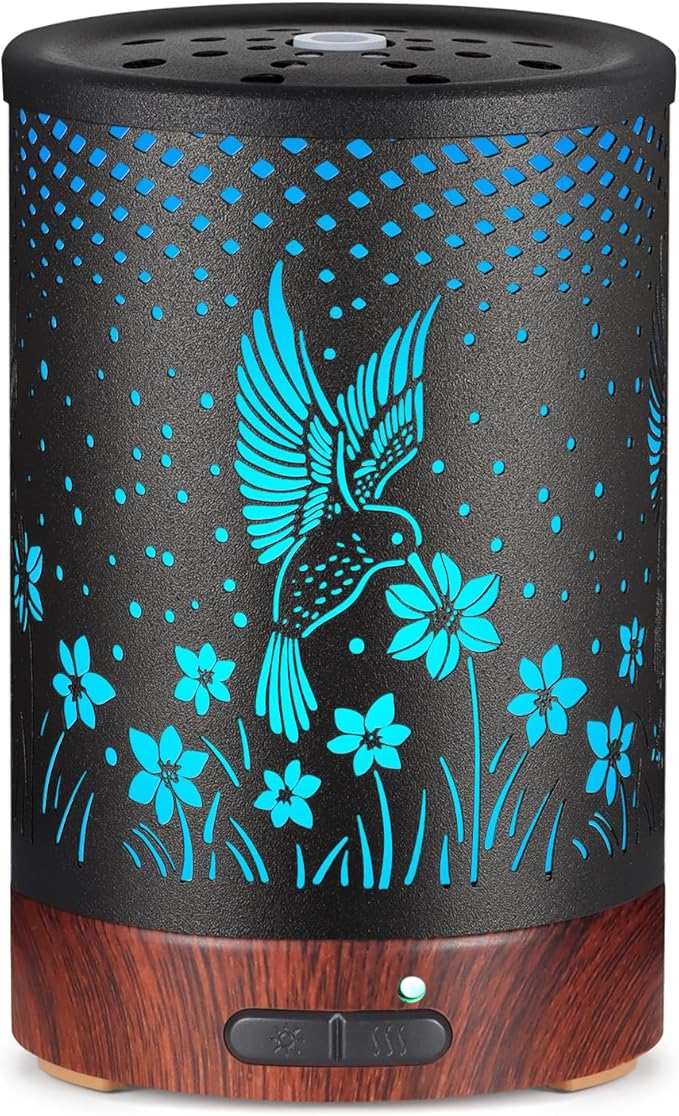 Essential Oils Diffuser,Aromatherapy Diffuser,Birthday Gifts for Women Mom Grandma,Metal Cool Mist Humidifier with 7 Colors Lights Waterless Auto Off Air Diffusers (C-Hummingbirds)