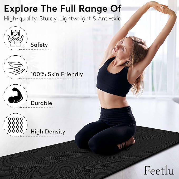 Feetlu Extra Thick 12mm Exercise Mat – Non-Slip, Joint-Friendly & Cushioned Fitness Mat for Yoga, Pilates & Floor Workouts – Durable, Supportive & Includes Feetlu Classic Strap